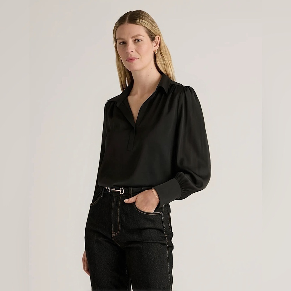 NWT! Banana Republic Women's Black Satin Long Sleeve Blouse - Size XL